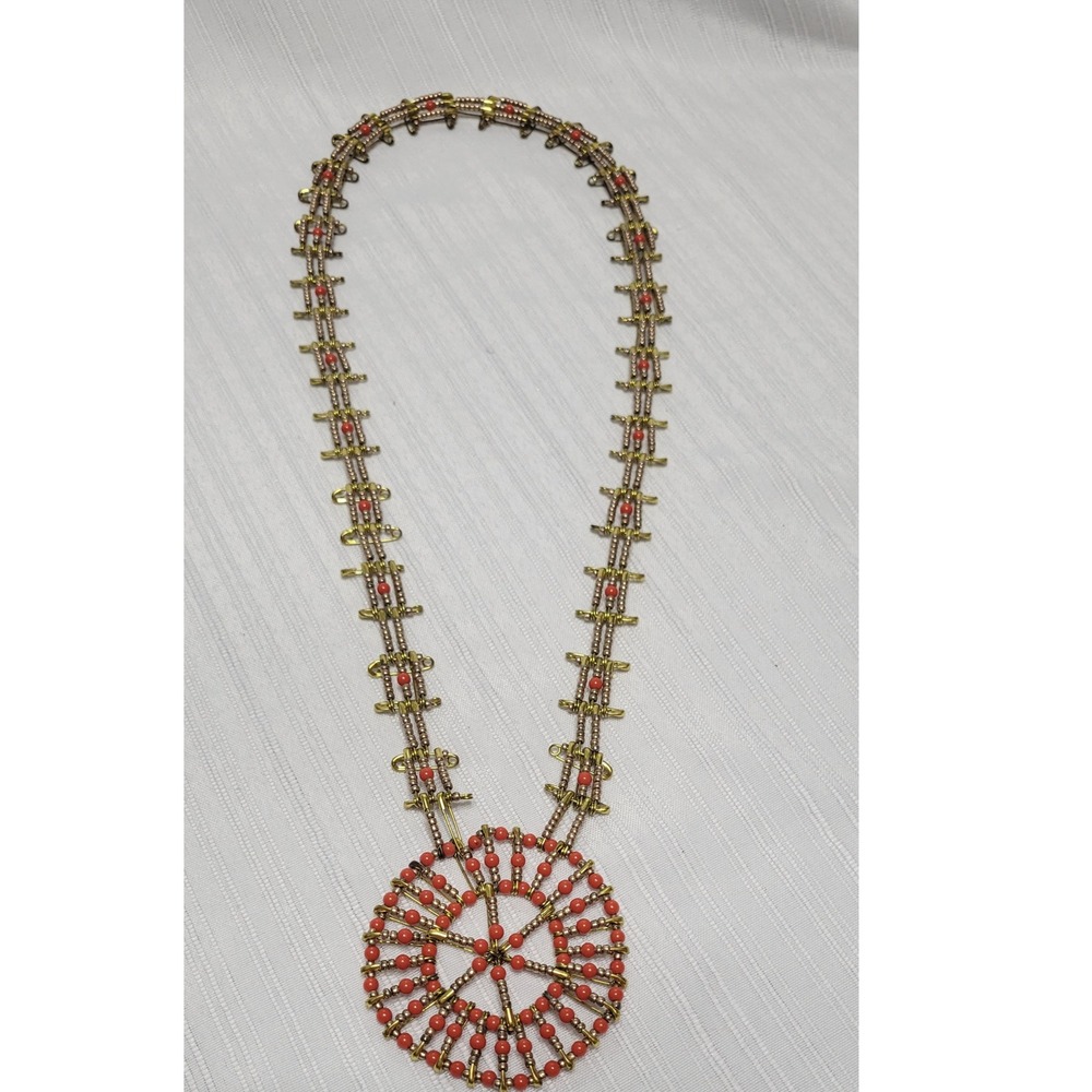 Boho Folk Art Vintage Safety Pin Bead Necklace Orange Gold Tone Statement Piece
